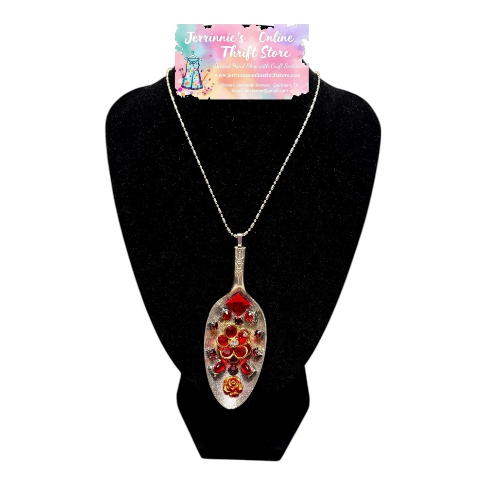 Handmade Upcycled Silver Spoon Pendant Necklace Red Rhinestone Flower Artisan